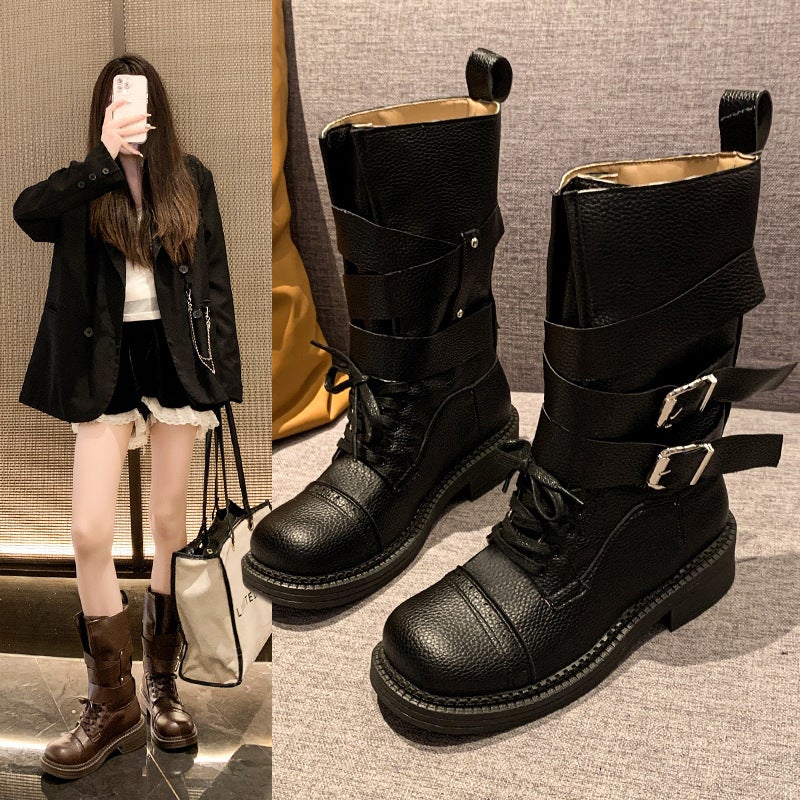 Western Cowboy Boots With Belt Buckle Versatile Mid-Calf Riding Boots European Style British Style Ins Super Popular Motorcycle Boots - Image 4